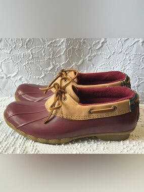 SPERRY TOP-SIDER Saltwater 1-Eye Duck Shoes Tan/Cordovan Fleece Lined Size 8